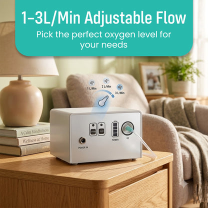 1-3L/Min Portable Oxygen Concentrator | 10-12 Hours Continuous Flow Battery Life | Free Carry Bag